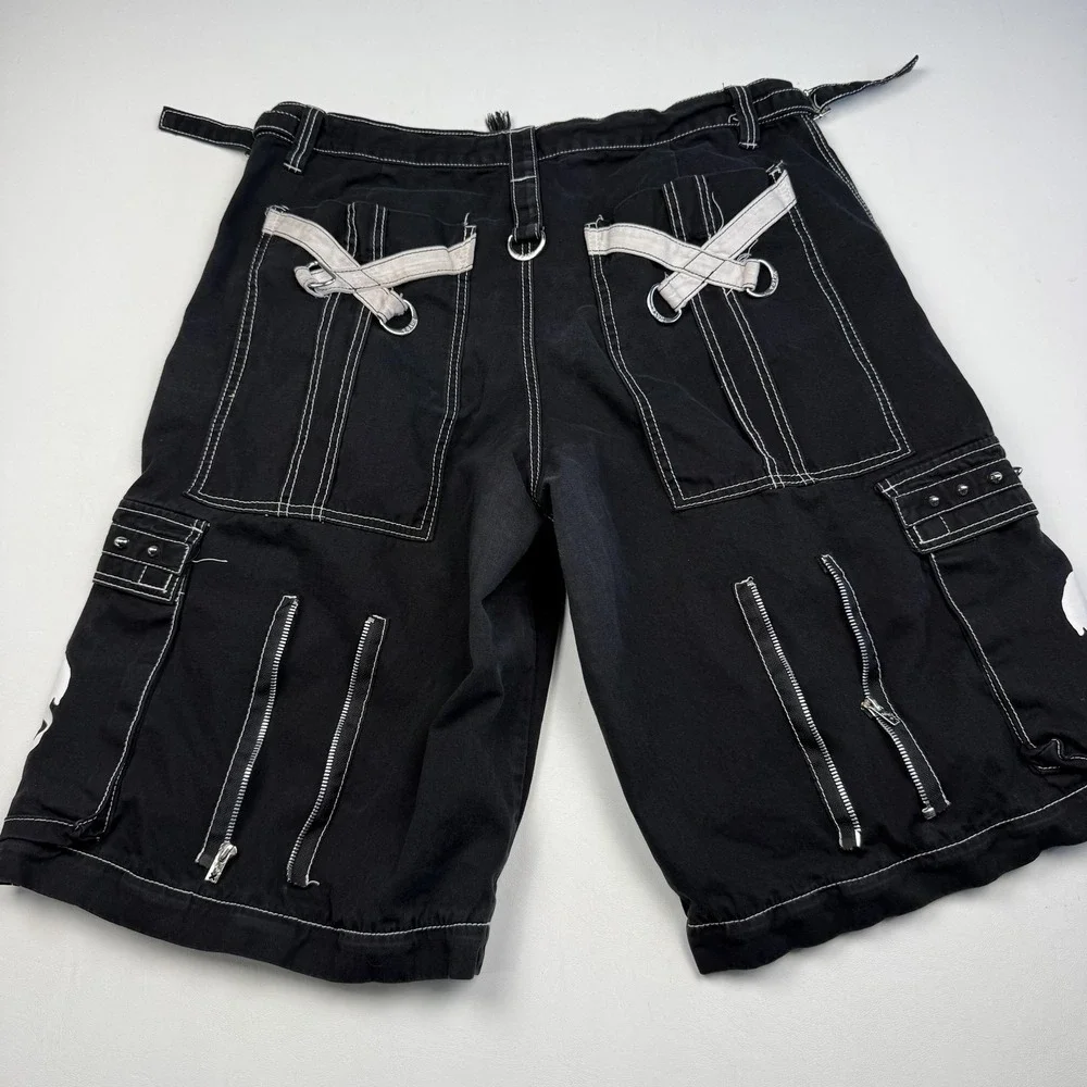 Tripp NYC Shorts Mens XL Black Cargo Goth Punk Skull Graphic 14 Inseam